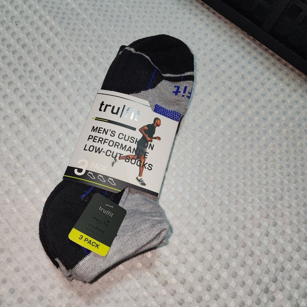 TRUFIT NWT MENS CUSHION PERFORMANCE LOW CUT SOCKS 3 PAIR PACK